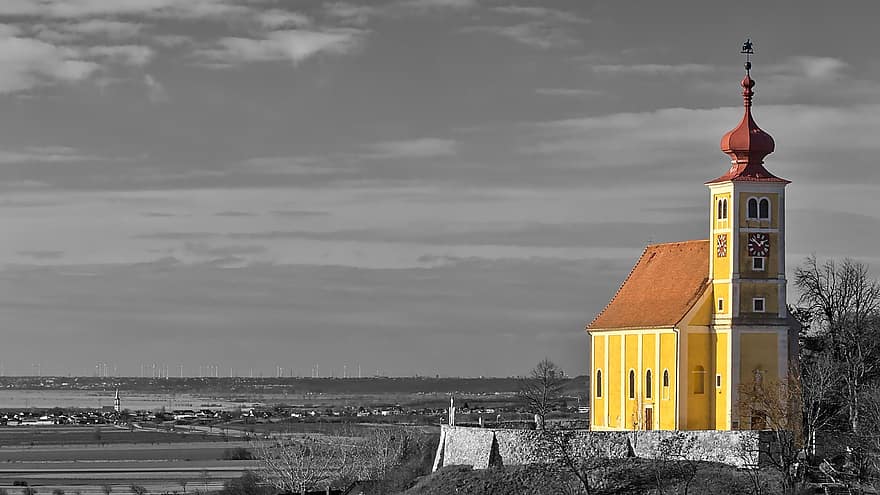 Donnerskirchen, Church, Black And White, Building, Yellow Building, Tower, Steeple, Highlight, Sky, Clouds, Town
