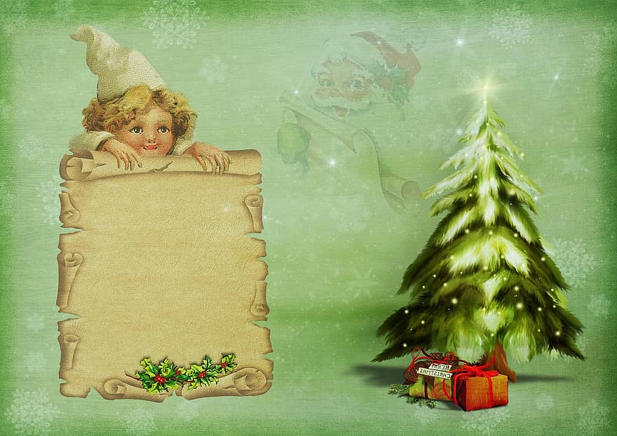 motivo navideño, Papá Noel, Navidad, árbol de Navidad, regalos, niño, Trolls de fuentes, lista de deseos, dulce, linda, tarjeta de Navidad