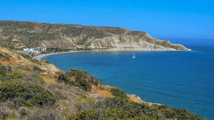 cypern, Pissouri Bay, se, panorama-, vik, panorama, landskap, synpunkt