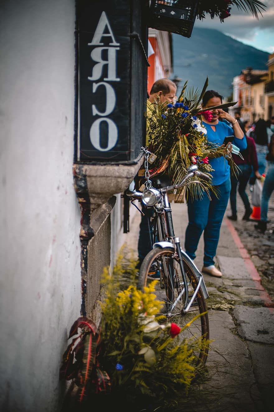 virágok, bicikli, út