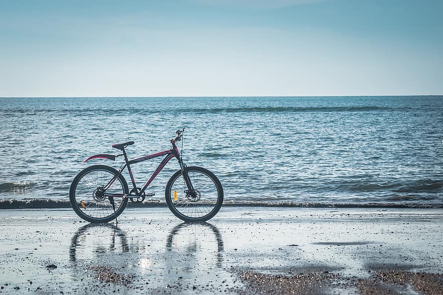 bicicleta, playa, mar, ciclismo, olas, al aire libre, costa, apuntalar, horizonte, Oceano, puesta de sol