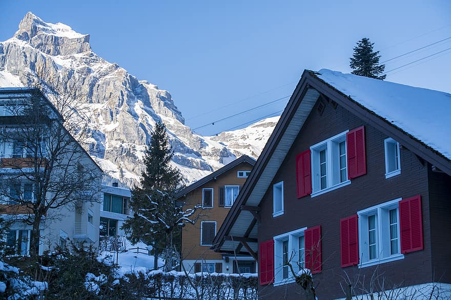 casa, aldeia, inverno, neve, montanha, Cidade, construção, arquitetura, Engelberg
