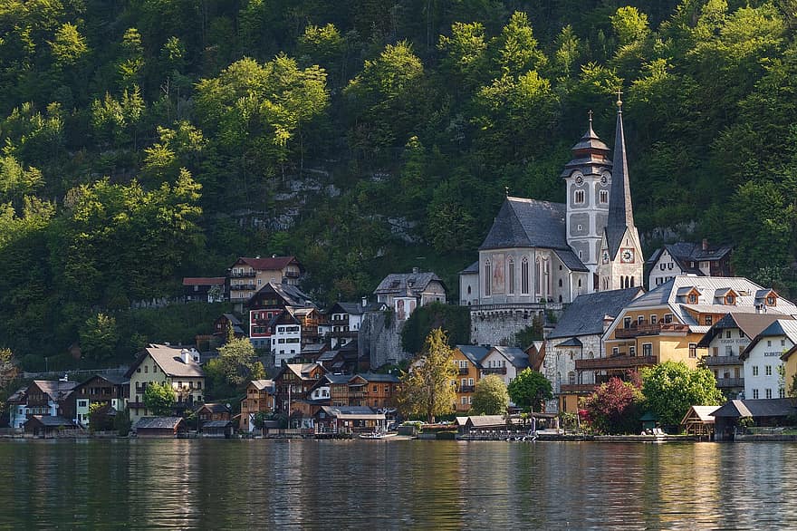 езеро, град, сгради, село, пейзаж, архитектура, Халщат, Австрия, Залцкамергут, обект на световното наследство на ЮНЕСКО