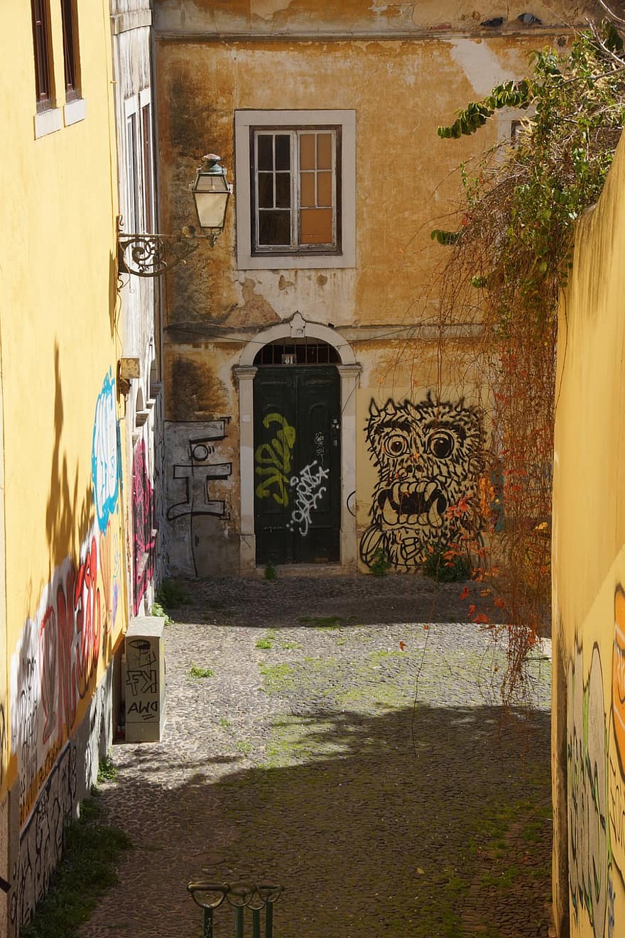graffiti, urbà, carreró, parets, edificis, carrer