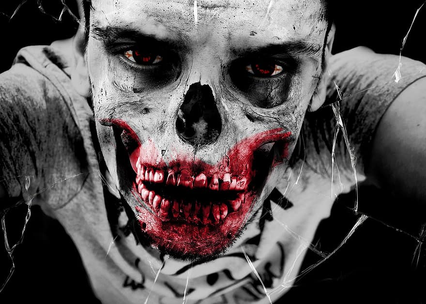 zombi, horror, monstre, os, mort, ferits, accident, sagnant, esquelet, crani, cap