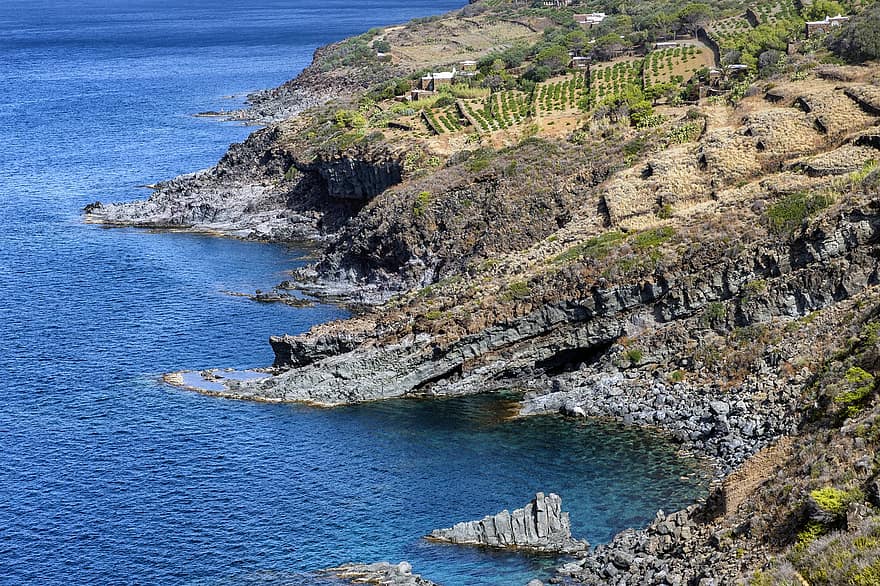 falaise, côte, île, rivage, Italie, Pantelleria, mer, Soleil, la sicile, vacances, Voyage