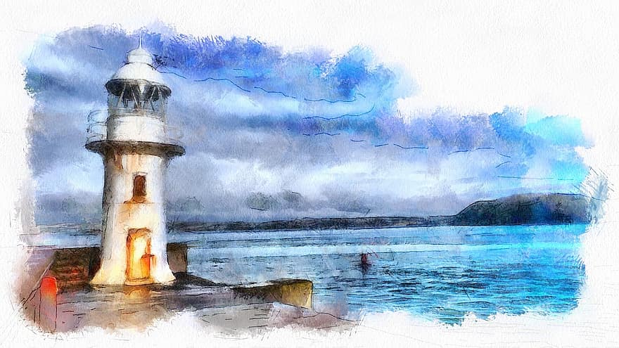 Brixham, Lighthouse, Seaside, Watercolour, Devon, Harbour, Torbay