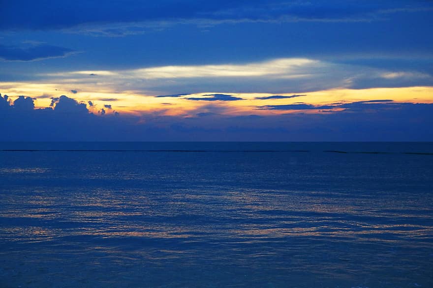 海、地平線、夕暮れ、日没、イブニング、夜、海洋、水、雲、波、海景