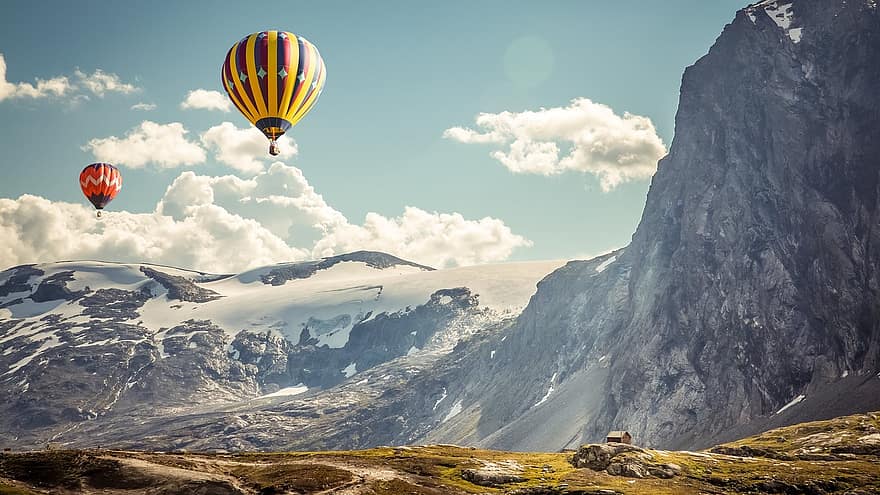 Mountains, Snow, Peak, Clouds, Hot Air Balloons, Field, Pasture