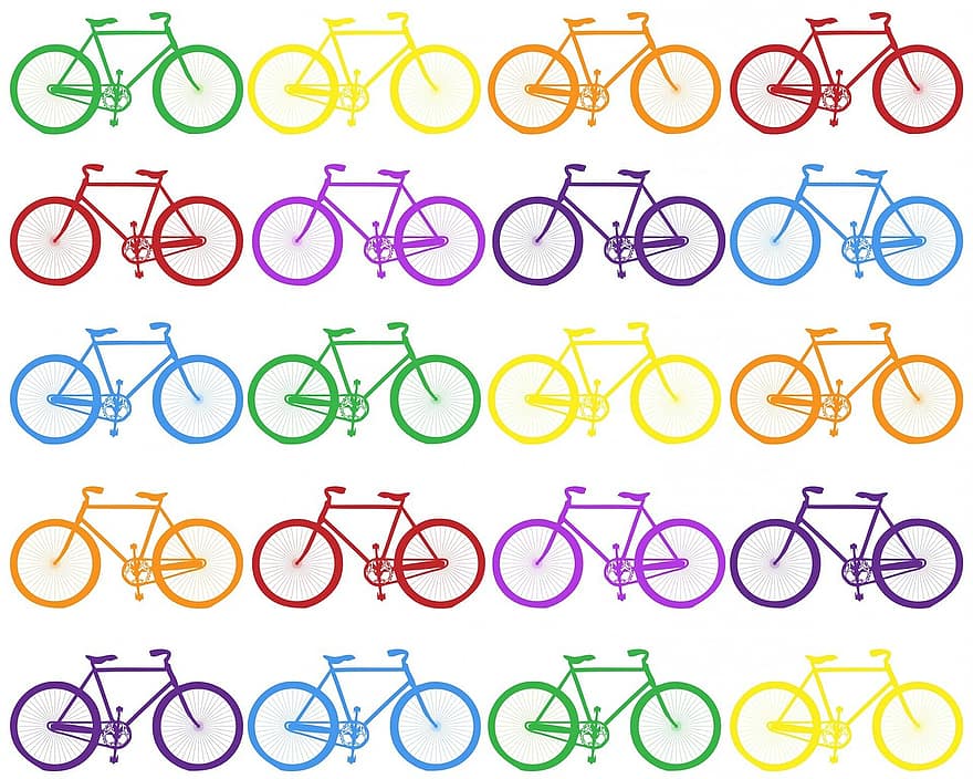 자전거, 화려한, 선명한, 무지개, 무지개 색깔, 배경, 벽지, 미술, 빨간, 주황색, 노랑