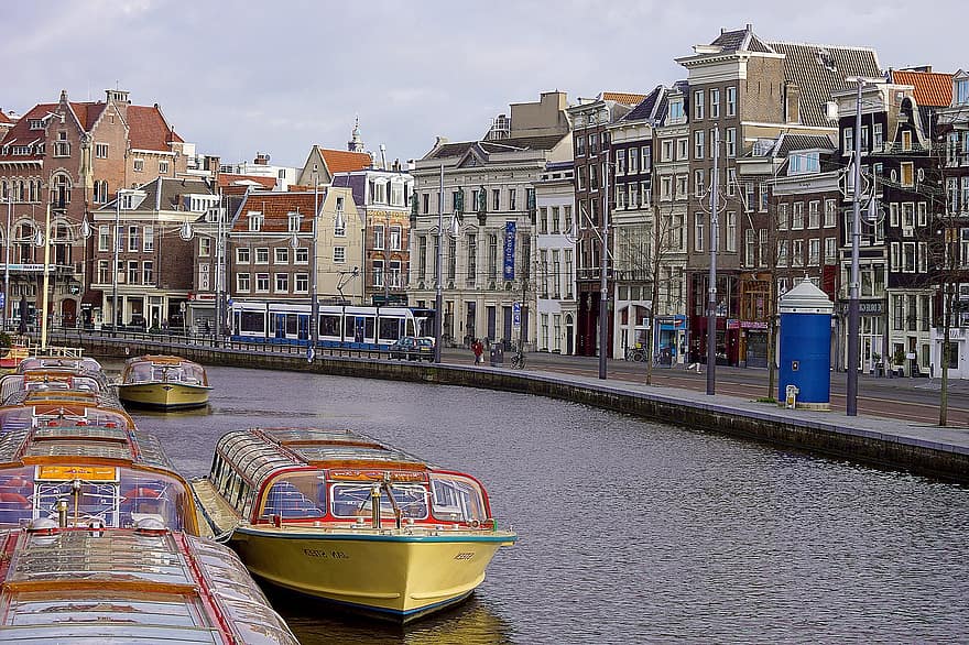 Амстердам, канал, град, лодки, порт, воден път, сгради, градски, спокойствие, природа, панорамен