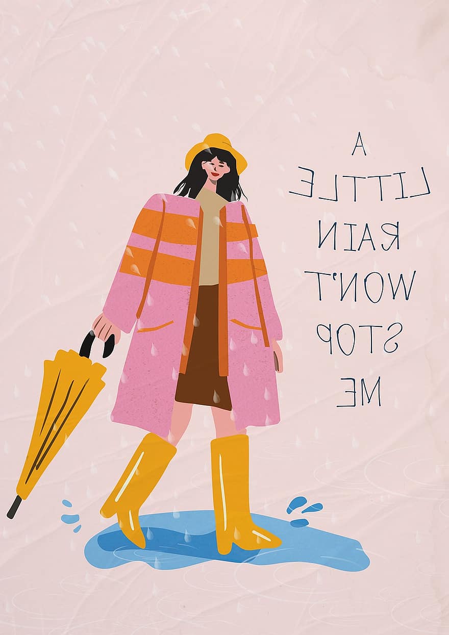 kunstværk, illustrator, pige, regn, paraply, sjovt, vektor, Kvinder, illustration, voksen, vinter