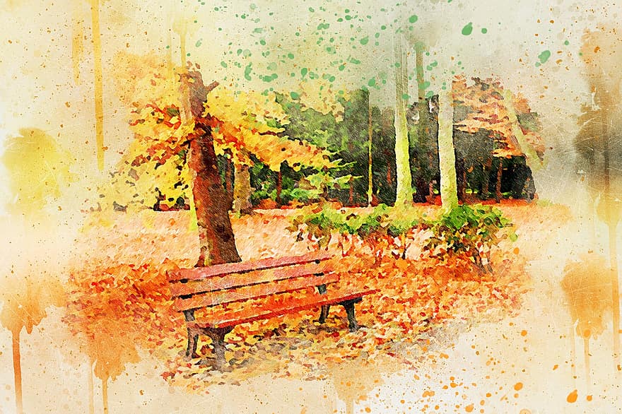 Tree, Park, Bench, Art, Abstract, Nature, Watercolor, Vintage, Colorful, Autumn, Romantic