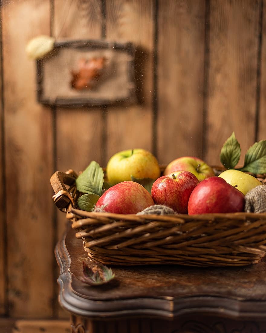 pomes, fruites, cistella, rústic, saludable, menjar, madur, collita, tardor, orgànic, vermell