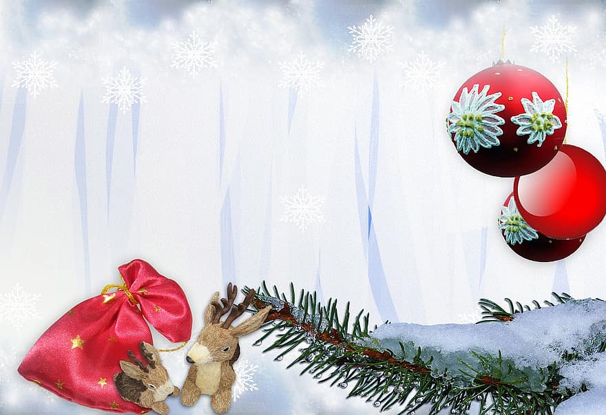 Christmas, Background, Gifts, Reindeer, Balls, Red, Tannenzweig