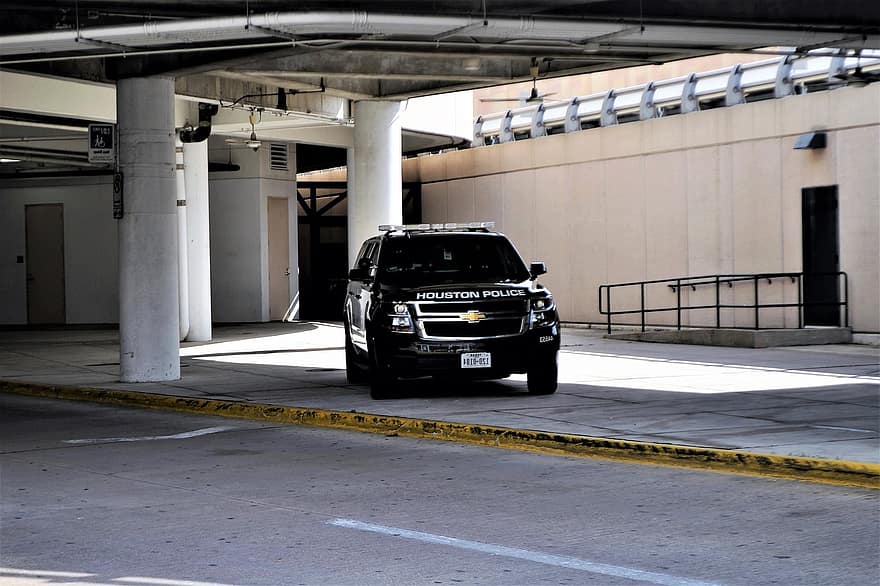 Houston Texas Police Car, Hobby Airport, Suv, Emergency Vehicle, Police, Transport, Black And White, Texas Police, Emergency, Parked, On Sidewalk