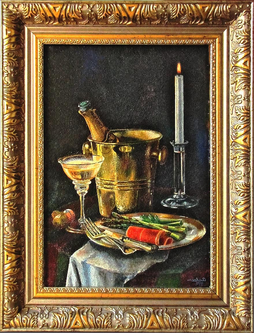 Painting, Picture, Tempera, Still Life, Champagne, Frame, Baguette, Candle, Art, Fougères
