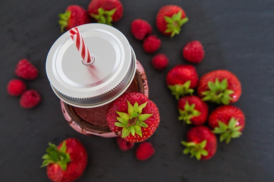 smoothie, jordgubbar, sugrör, dryck, sommar, Eiscafe, jordgubbe, is, röd, hälsosam, färsk