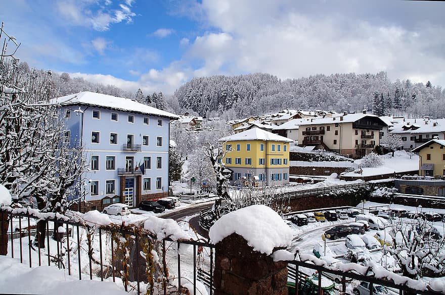 aldeia, neve, montanha, prédios, casas, Nevado, inverno, frio, dolomites, Alpes, alpino