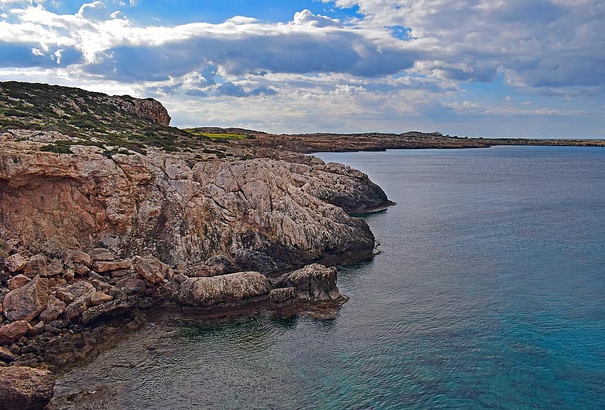 pakrantėje, „cape greco“, jūros, uolų pakrantėje, pobūdį, kraštovaizdį, uolos, Kipras, vanduo, mėlyna, vasara
