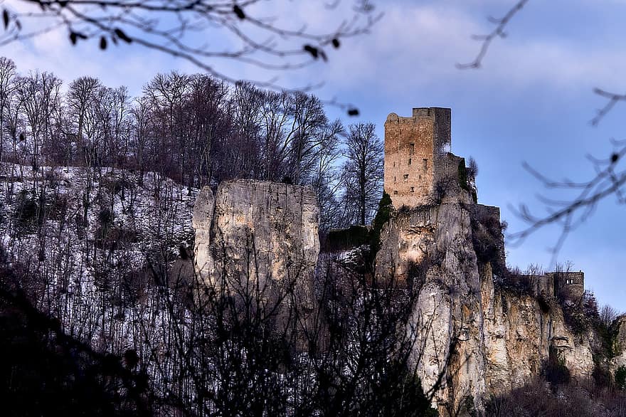 hrad, středověk, ruiny, závistivý, rytířský hrad, baden-wuerttemberg, sníh, výhled, túra, Příroda, architektura