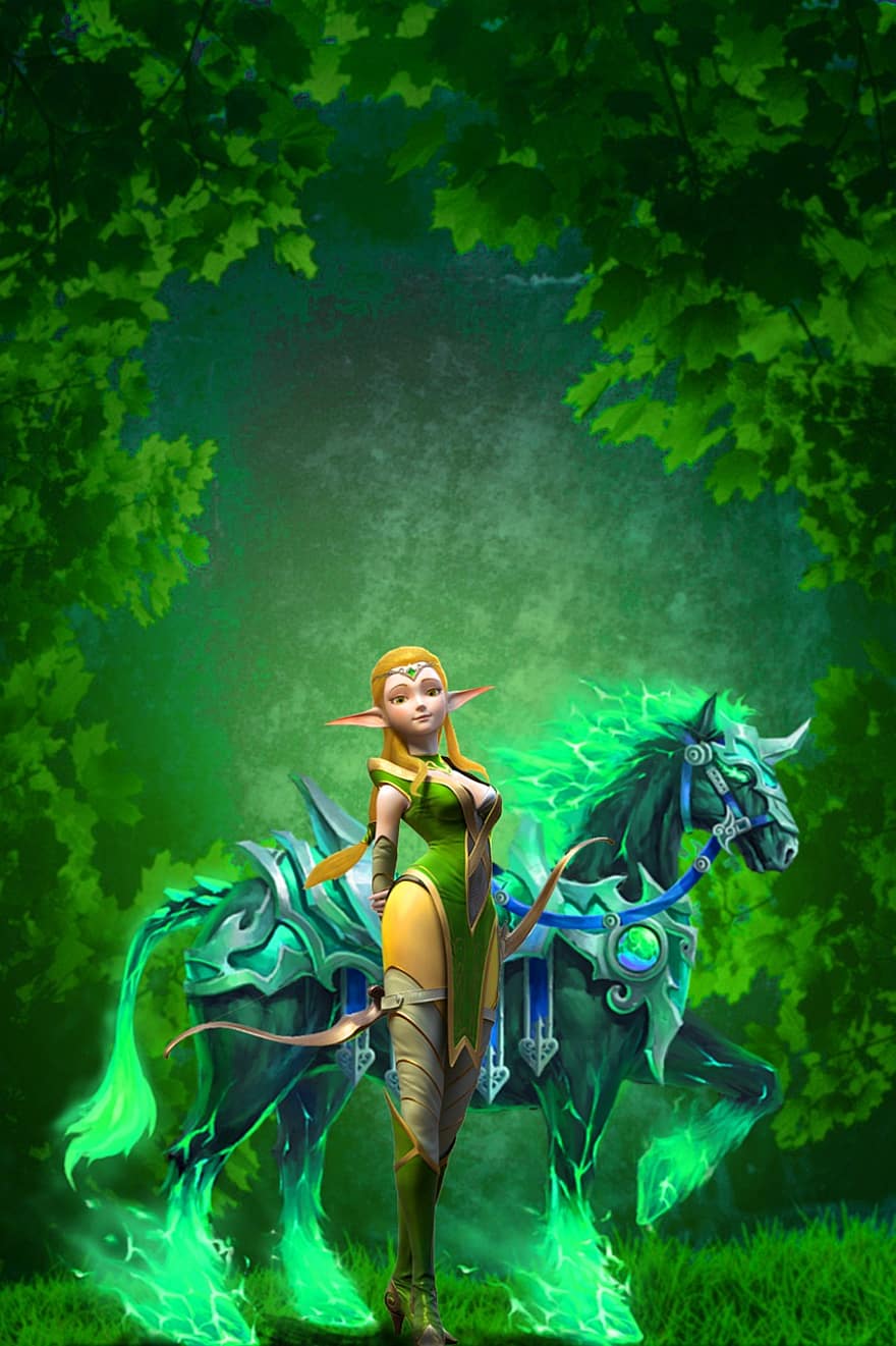 tło, elf, koń, Zielony, Las, Fantazja, kobieta, Płeć żeńska, awatara, postać, Sztuka cyfrowa