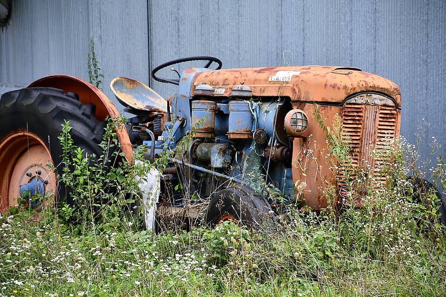 traktor, motor, metallskrot, gammal, förstöra, landsbygden scen, bruka, lantbruk, äng, gräs, bil
