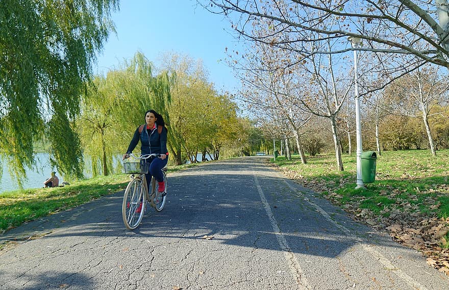 Woman, Riding, Bicycle, Park, Street, Road, Leisure, Activity, Outdoors, Autumn, cycling