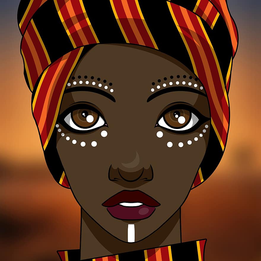 mujer, africano, África, turbante, maquillaje, tribal, étnico, piel oscura, retrato, belleza, hermoso