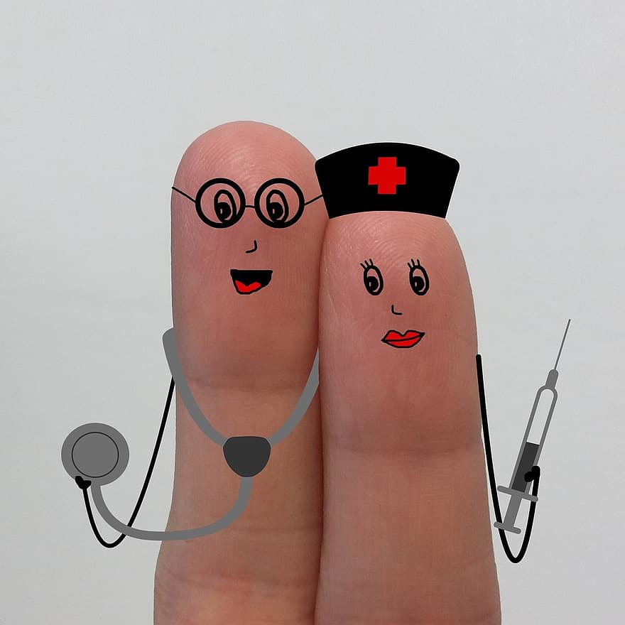 नर्स, नर्सों, चिकित्सक, अस्पताल, स्वास्थ्य, चित्रकारी, मुस्कुराता है, उंगलियों, उंगली, जोड़ा, छिद्र