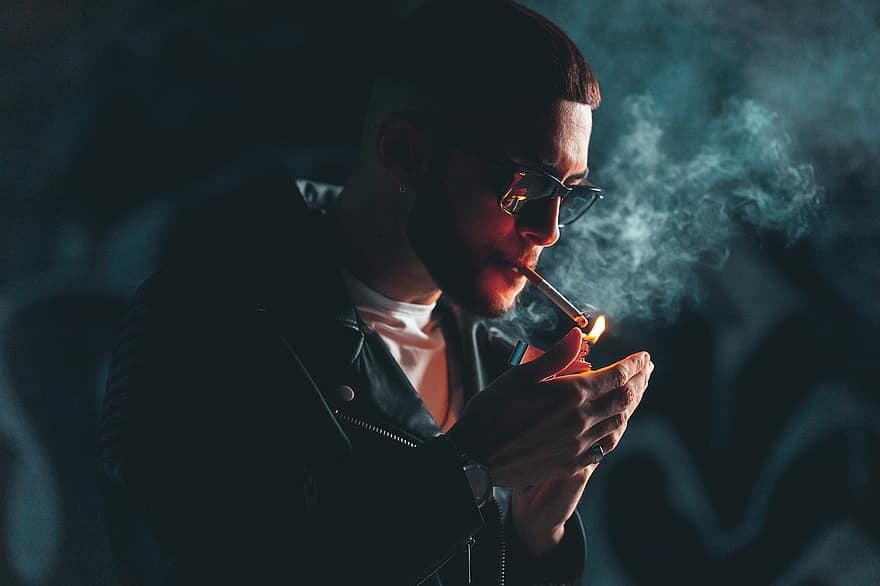 Man, Smoking, Glasses, Dark, Cigarette, Smoke, Light, Person, Male, Black Leather Jacket, Lighter
