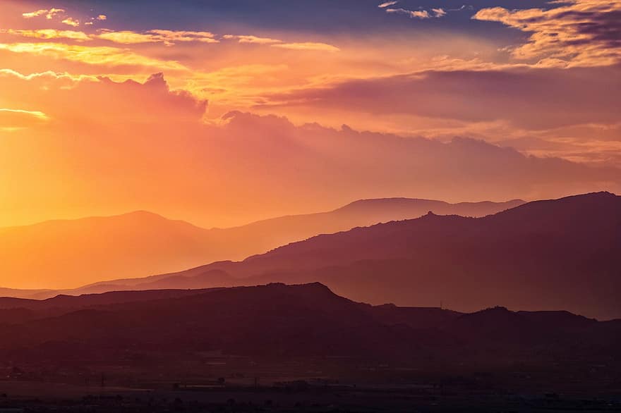 tramonto, montagne, paesaggio, silhouette, catena montuosa, cielo arancione, luce del sole, Alba, sfondo, Murcia
