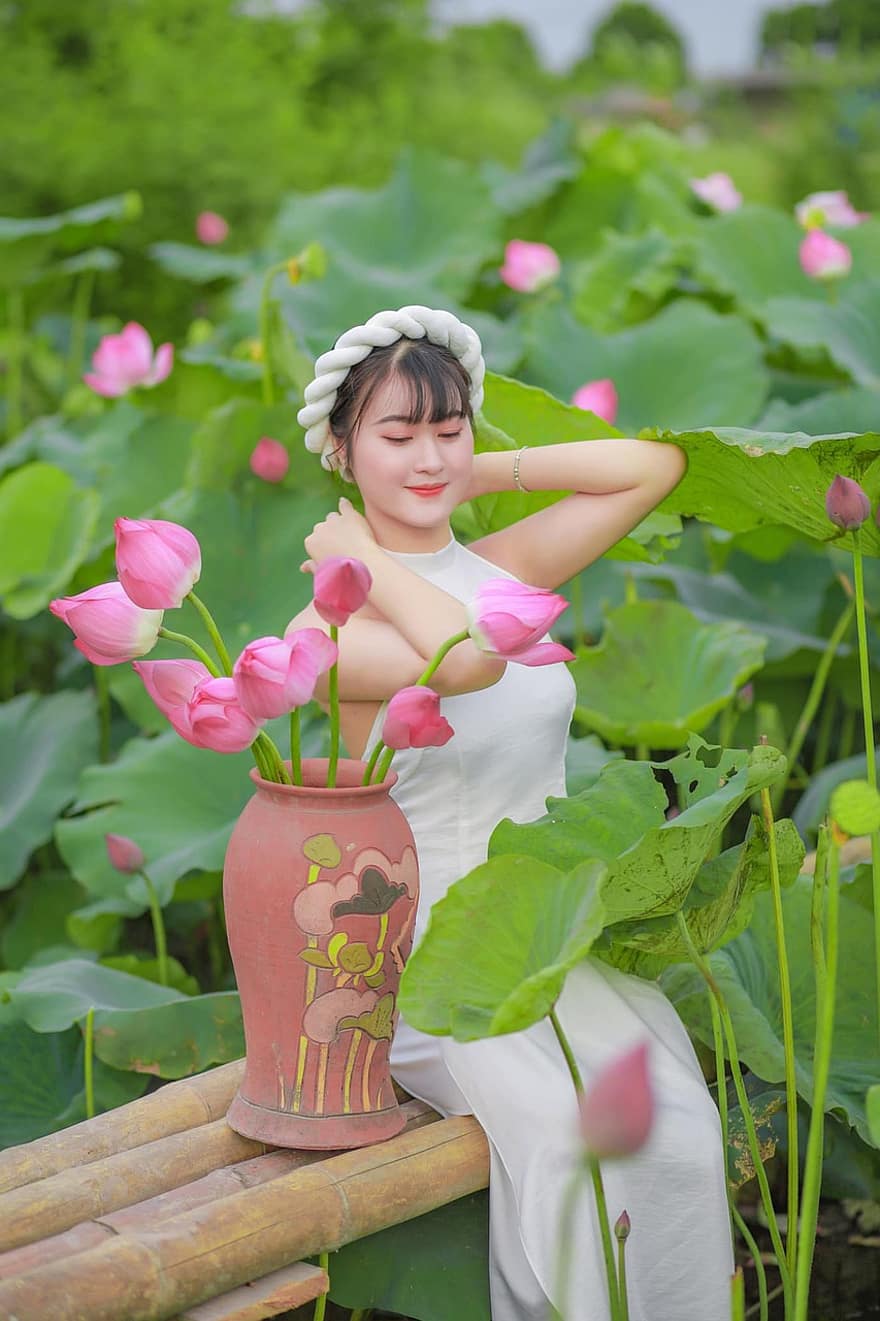 pige, kjole, lotus, vietnamesisk, blomster, vase, lotus blade, mode, hvid kjole, kvinde, model