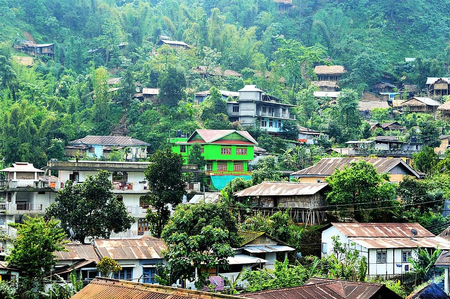 ville, Maisons, Inde, au nord-est, Arunachal, Khonsa, les collines, Montagne, toit, des cultures, scène rurale