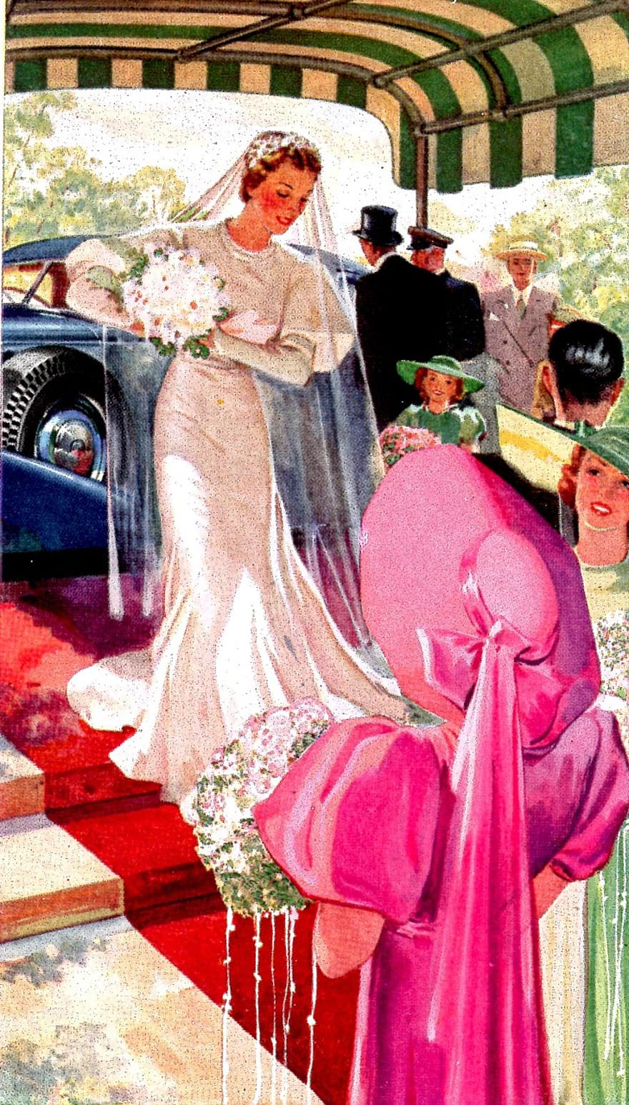 núvia, senyora, retro, vintage, festa de noces, vestit de núvia, vestit, dama d'honor, rosa, blanc, cinquanta