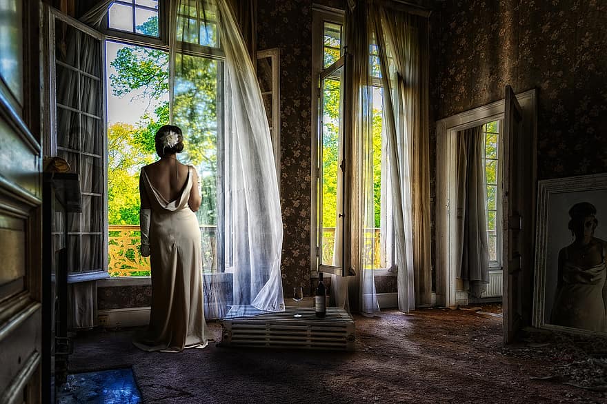mujer, habitación, ventana, cortinas, viento, vino, Copa de vino, antiguo, reflexión, papel pintado, atmósfera