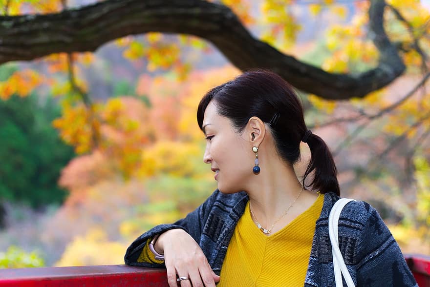portrets, sieviete, japāņu, kritums, rudenī, koki, krāsains, Āzijas, dāma, sievietēm, viens cilvēks