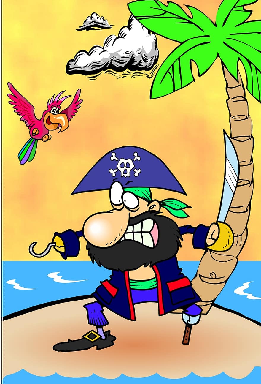 kait kapten, burung beo, pulau, menghubungkan, bajak laut, terdampar, pedang, pohon, laut, anak-anak, poster