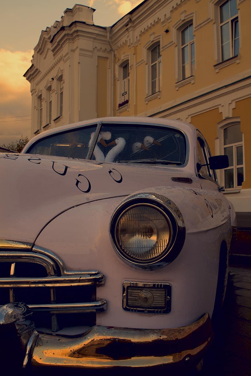 vintage αυτοκίνητο, η δυση του ηλιου, πόλη, σταθμευμένο αυτοκίνητο, αυτοκίνητο, ντεμοντέ, παλαιός, Μεταφορά, χρώμιο, προβολέας, χερσαίο όχημα