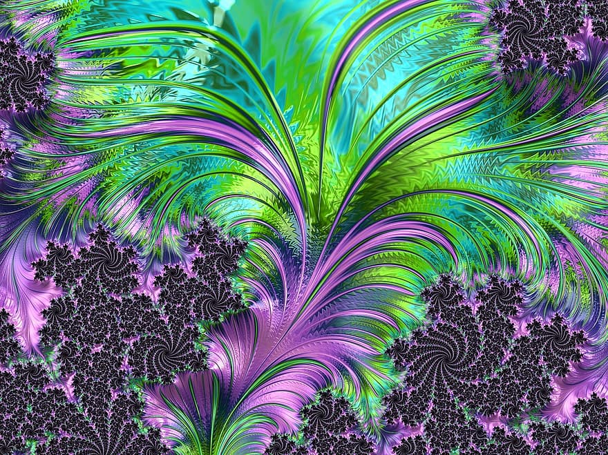 fractal, Art º, obra de arte, pluma, remolino, neón, verde, púrpura, negro, diseño, textura
