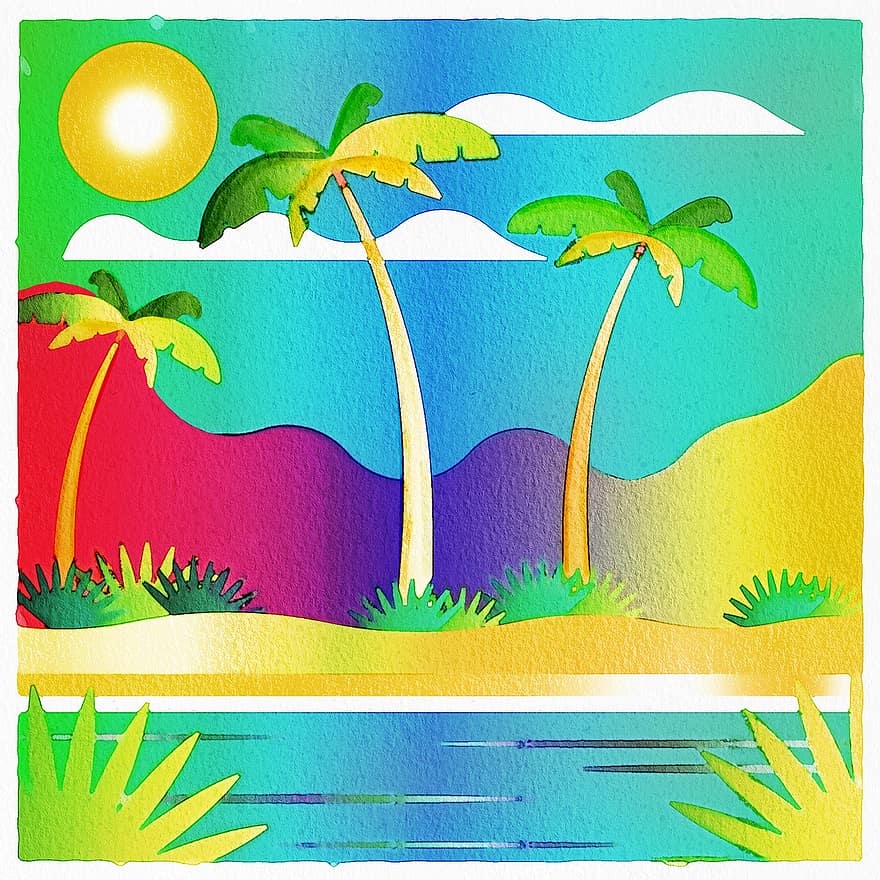 paisagem da aguarela, Água e palmeiras, verão, aguarela, de praia, agua, mar, viagem, oceano, paraíso, céu