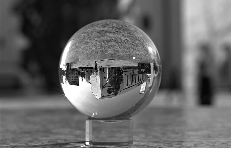 ガラス、球体、水晶球、教会、建築、市場、シティ、ガラス球、超高層ビル、反射、街並み