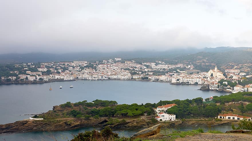 öböl, tengerpart, város, csónak, tengeri tájkép, földközi-tenger, Empordà, Cadaqués