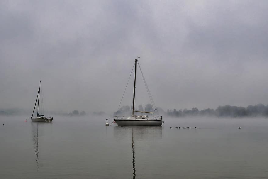 лодки, туман, озеро, мгла, природа, на открытом воздухе, путешествовать