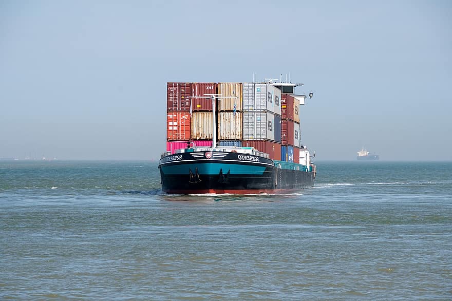 контейнеровоз, товарен кораб, баржа, контейнерен транспорт, канал, транспорт, порт, воден транспорт, лодка, заден план, тапети