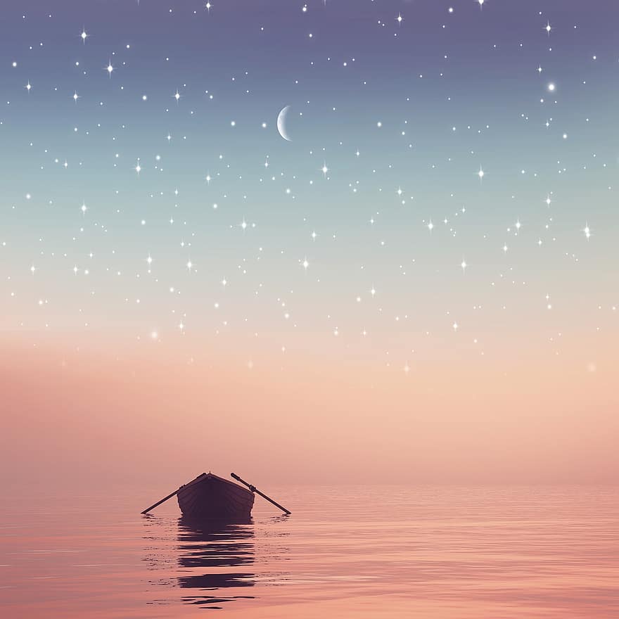 hav, roddbåt, stjärnbeströdd himmel, båt, horisont, stjärnor, måne, sjö, natur, natt, solnedgång