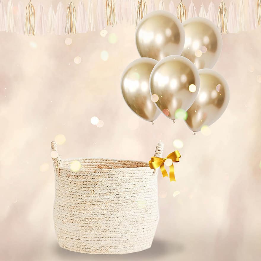 balões, cesta, fita, decoração, bebê, primeiro aniversário, aniversário, festa, crianças, fofa, presentes