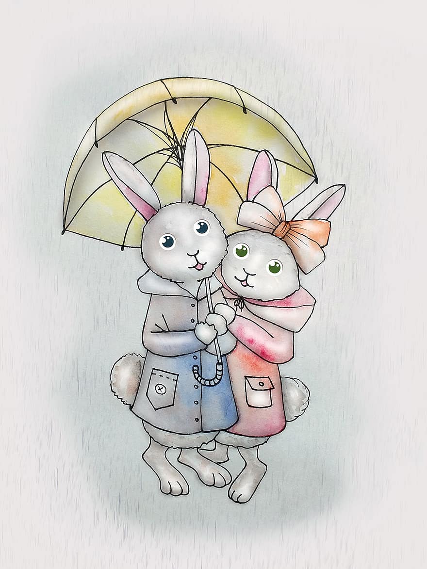 ウサギ、ペア、愛、一緒に、ロマンス、傘、秋、赤ちゃんのイラスト、水彩、ペインティング、アーティスト