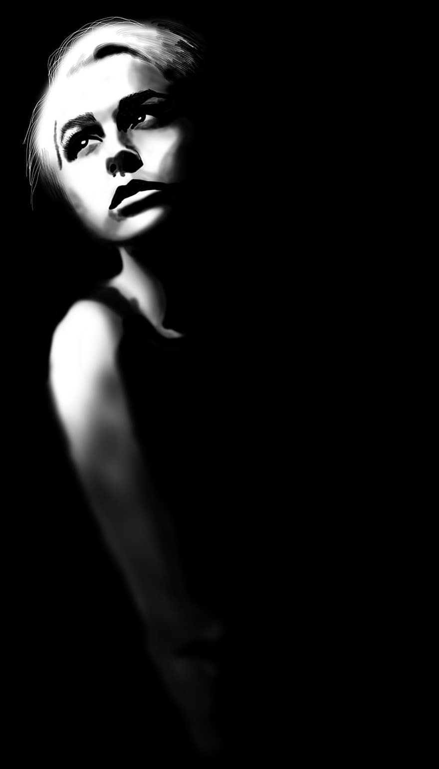 moteris, portretas, juoda ir balta, šešėlis, veidas, mergina, kelia, šviesa