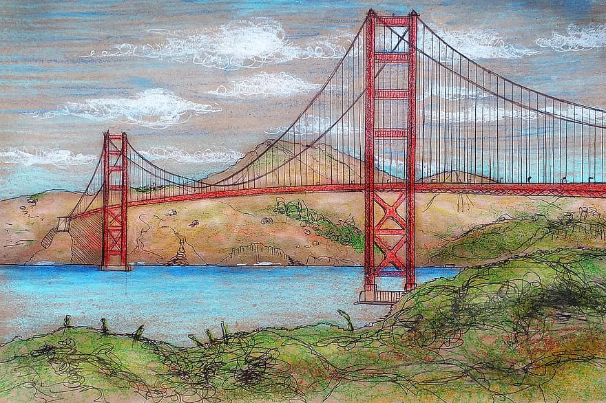 puente, California, San Francisco, el puente Golden Gate, chicos, puente suspendido en cables, figura, bahía, Estados Unidos, cielo, montañas